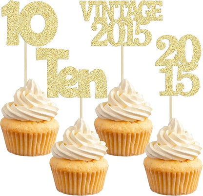 Gyufise 24Pcs Double Digits 10 Cupcake Toppers Glitter Ten Vintage 2015 10th Birthday Cupcake Picks Hello 10 Years Birthday Cake Decorations for Happy 10th Birthday Anniversary Party Supplies Gold