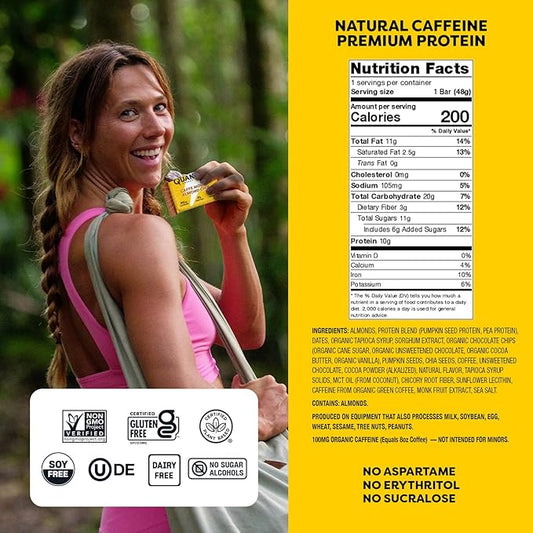 Quantum Energy Square: Energy Bar with Caffeine & 10g Protein. Delicious Healthy Snack On The Go. (Vegan, Gluten-free, Soy-free, Dairy-free) (Caffe Mocha Almond Chip)