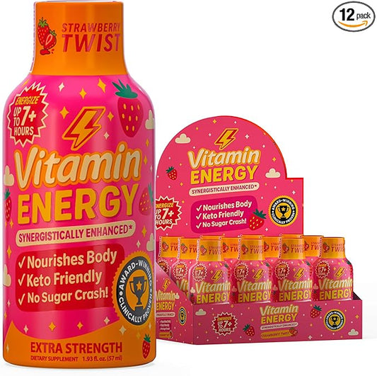 Vitamin Energy Immune+ Extra Strength Energy Shot Strawberry Twist 12 Pack, 260mg Natural Caffeine, B-Vitamins, Citicoline, Green Tea, Immunity & Focus Support, Zero Sugar, Gluten-Free 1.93 fl oz