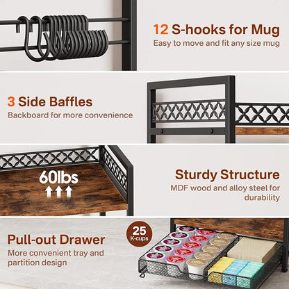 Coffee Bar Organizer Countertop, 3 Tier Mug Cup Holder Stand with 12 Hooks, 25 K Cup Coffee Pod Drawer with Mug Rack, Multifunctional Shelf for Accessories Kitchen (Black)