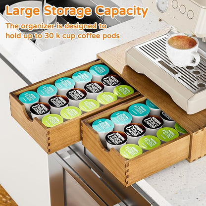 Pine Wood K Cup Organizer, Coffee Pod Storage Box for Counter, Coffee Pods and Tea Organizer Holder, K Pod Drawer Coffee Maker Machine Stand for Kitchen Office Coffee Bar (30 Pods Capacity, Walnut)