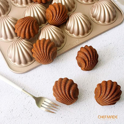 CHEFMADE Madeleine Mold Cake Pan, 12-Cavity Non-Stick Spherical Shell Madeline Bakeware for Oven Baking (Champagne Gold)