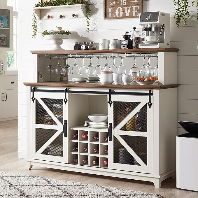 OKD Farmhouse Coffee Bar Cabinet with LED Lights, 55" Wine Bar Cabinet w/Sliding Barn Door & Wine and Glass Rack, Kitchen Buffet Cabinet w/Storage Shelves for Dining Room,Antique White