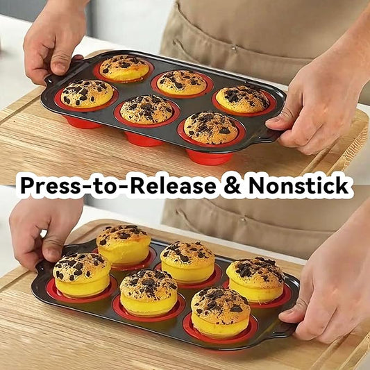 Silicone Muffin Pan for Baking with Metal Frame, 6 Cup Muffin Pan Molds, Non Stick Baking Tray for Ovens, Bakeware with Press to Release Design, Egg Bites Silicone Mold, Dishwasher & Oven Safe, Yellow