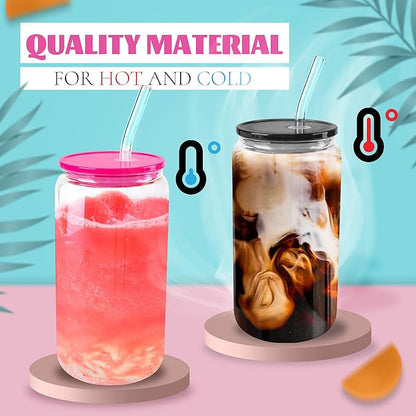Joyclub 4pcs Glass Cups with Acrylic Lids and Straws 16 oz Can Shaped Glass Iced Coffee Cups with Lids and Straws, Cute Tumbler Cup Drinking Glasses for Smoothie Whiskey Boba Soda Tea Gift