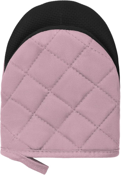 1 Pair Short Oven Mitts, Heat Resistant Silicone Kitchen Mini Oven Mitts for 500 Degrees, Non-Slip Grip Surfaces and Hanging Loop Gloves, Baking Grilling Barbecue Microwave Machine Washable