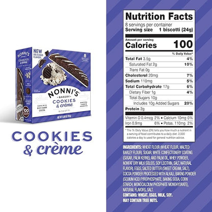 Nonni's Cookies & Crème Biscotti, Rich Dark Cocoa Cookie with Vanilla Icing, 8 Individually Wrapped Bakery Snacks, 6.88 oz