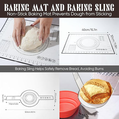 Sourdough Starter Kit with Jar – Complete Sourdough Bread Baking Supplies for Beginners, Includes 2 Silicone Proofing Baskets Baking Mat Sour Dough Kit - Red