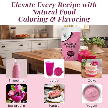 Dragon Fruit Powder 4oz, 100% Pure & Natural Pink Pitaya Powder, Premium Quality, For Smoothies, Baking, Tea, Natural Food Coloring and Flavoring - By Yogi’s Gift®