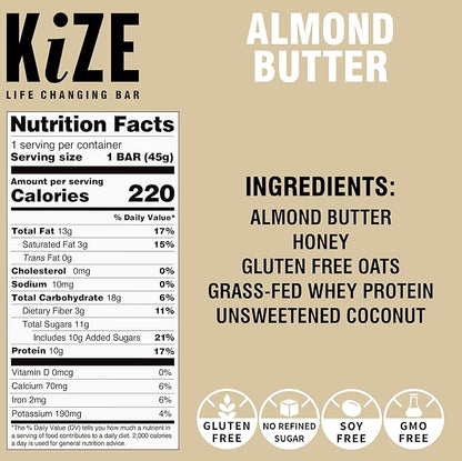 KiZE Energy Bars - Almond Butter - Almond-Butter-Based, Gluten Free, Non-GMO, and High Protein Meal Replacement Energy Bars, Clean and Simple Food Ingredients - 10g High Protein Snacks, (10 Count)