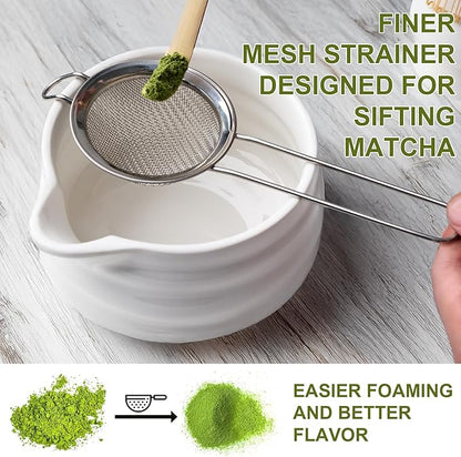 Matcha Whisk Set with Storage Box – 8 Pcs Matcha Tea Set Includes White Matcha Bowl, Whisk & Holder, Scoop & Rest, Sifter, Tea Cloth – Complete Japanese Matcha Set for Tea Lovers & Gift Giving