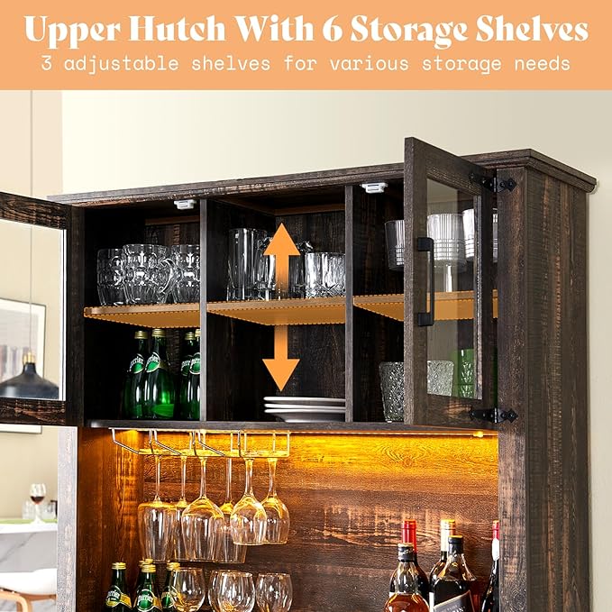 AMERLIFE 72'' Coffee Bar Wine Cabinet with Sliding Barn Door, Farmhouse Kitchen Sideboard, Buffet Storage Table, Wine Glass Racks, 3 Drawers, LED Lights, Tall Hutch Home Bar Dark Rustic Oak