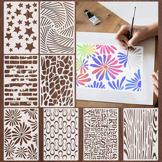 Yazhiji 8PCS Large Stencils for Geometric Painting, Reusable Geometric Painting Stencils Abstract Layering Stencil for Painting on Wood Canvas Furniture Floor Decor DIY Supplies