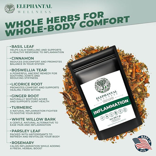 Elephantal Wellness Premium Inflammation Herbal Tea | Comfort & Mobility Blend with Turmeric, Boswellia, White Willow Bark & Ginger | Handmade, Non-GMO, Caffeine-Free Loose Leaf, 2oz, 20 Servings