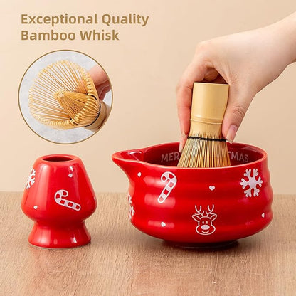 5pcs Premium Matcha Set,Ceramic Bowl with Spout and Bamboo Whisk set, Ceremonical Matcha Kit for breakfast/latte,Tea Starter Making Kit,Christmas Matcha Gift set (Reindeer Red)