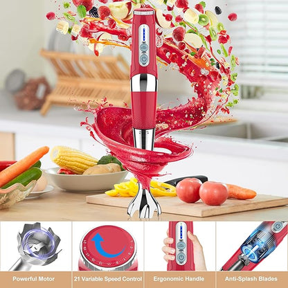 Cordless Immersion Blender Handheld: Powerful Rechargeable Electric Hand Blender, 21-Speed & 3-Angle Adjustable with Stainless Steel Blades for Milkshakes, Smoothies, Soup, Puree, Baby Food (Red)