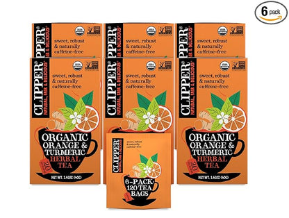 Clipper Tea, Orange & Turmeric, Organic Tea with Licorice Root, Orange Peel and Hibiscus, Plant Based Herbal Tea, Caffeine Free British Tea, 6 Pack, 120 Unbleached Tea Bags