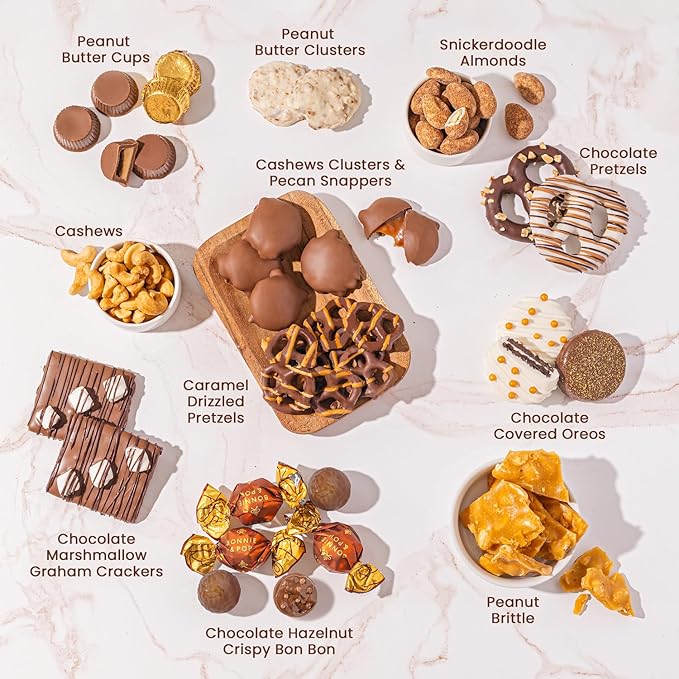 Holiday Chocolate Gift Basket– Thanksgiving Snack Box with Covered Pretzels, Oreos, Nuts & Sweets – Gourmet Food Gift Tin for Christmas, Families, Men, Women, Clients- Bonnie and Pop