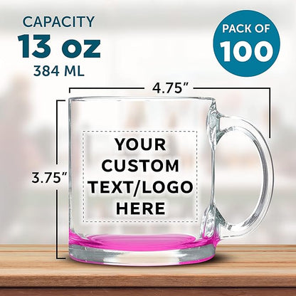 Custom Libbey Clear Glass Coffee Mugs 13 oz. Set of 100, Personalized Bulk Pack - Perfect for Coffee, Tea, Espresso, Hot Cocoa, Other Beverages - Pink Bottom