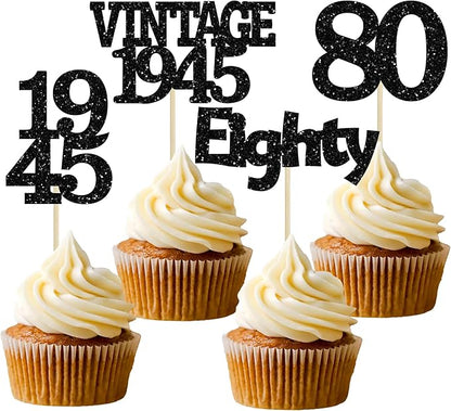 Gyufise 24Pcs Vintage 1945 Cupcake Toppers Glitter Cheers to 80 Fabulous Eighty Cupcake Picks 80th Birthday Wedding Anniversary Party Cake Decorations Supplies Black