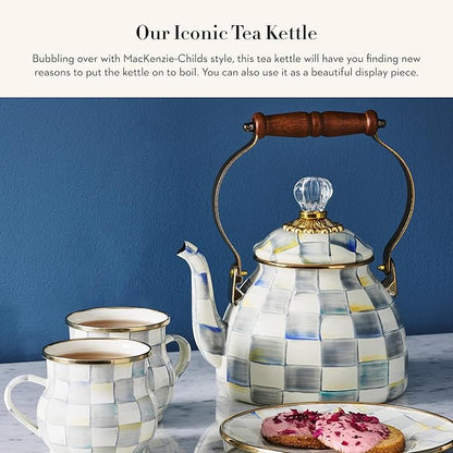 MACKENZIE-CHILDS Enamel Tea Kettle, Stylish Tea Kettle for Stovetop, Grey-and-White Sterling Check, 2 Quarts