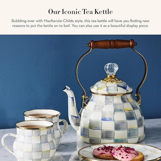 MACKENZIE-CHILDS Enamel Tea Kettle, Stylish Tea Kettle for Stovetop, Grey-and-White Sterling Check, 2 Quarts