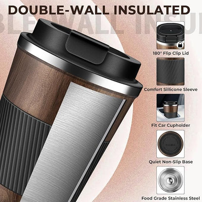 Insulated Coffee Tumbler 12 oz, Stainless Steel Coffee Mug with Lids, Travel Coffee Mug Leak Proof, Double Wall Vacuum Insulated Reusable Coffee Cup, Keep Drinks Hot and Cold (Wood, 12 Ounces)
