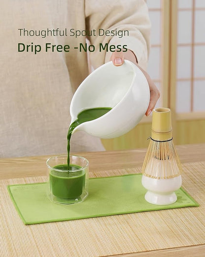 ZENS Matcha Whisk Set, 6pcs Matcha Kit Set Includes Ceramic Bowl and Bamboo Whisk & (Chasen Holder), Sifter, Scoop -Tea Towel, Japanese Chawan with Spout for Lovers, White