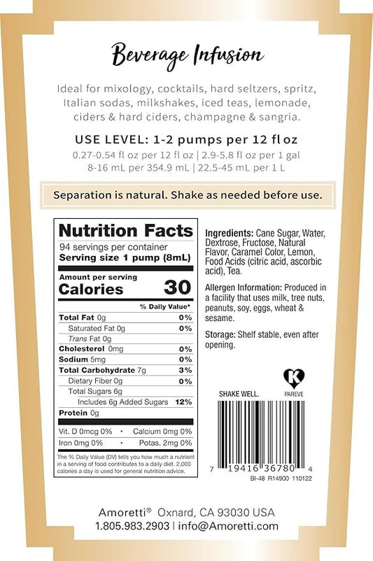 Amoretti - Chai Tea Lemonade Beverage Infusion, 94 Servings Per Bottle (750 ml) - Drink Mix & Water Enhancer with Pump for Flavoring Cocktails, Waters, Teas, and other Beverages, Preservative Free