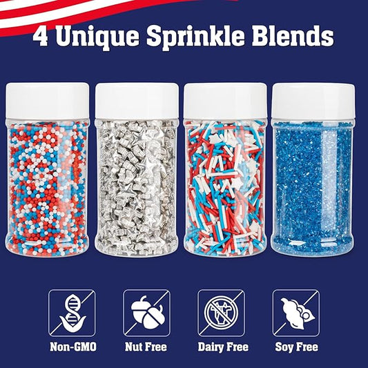 Twisweet Edible Patriotic Sprinkles 12oz, Red White and Blue Sugar Sprinkles Silver Star Mix, 4th of July American Sprinkle, Team USA Memorial Day Confetti, Cupcake Topper Cookie Ice Cream Cake Decorations, Independence Day Birthday Festival Party Supp...