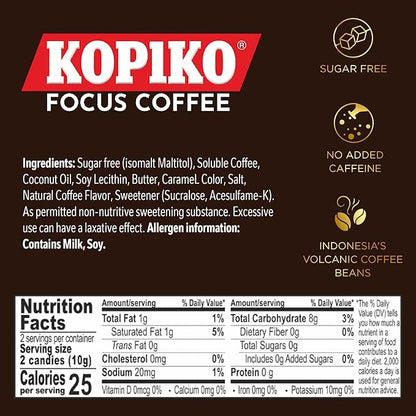 Kopiko Focus Coffee Candy – Have 80mg Caffeine per 2 Pieces for Energy & Mental Focus – Sugar-Free Hard Candy with Real Indonesian Coffee Extract (12 Pack w/4 Candies Each)