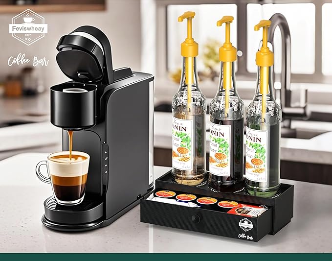 Coffee Syrup Rack Organizer,Syrup Bottle Holder Stand with K Cup Pod Drawer Storage.3 Bottles Storage Shelves for Syrup,Wine,Compact Design for Coffee Bar and Small Spaces
