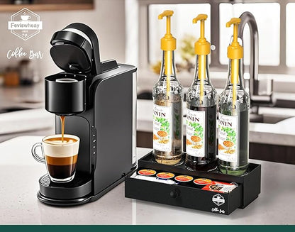 Coffee Syrup Rack Organizer,Syrup Bottle Holder Stand with K Cup Pod Drawer Storage.3 Bottles Storage Shelves for Syrup,Wine,Compact Design for Coffee Bar and Small Spaces