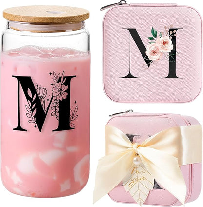 AYGXU Initial Glass Cups with Lids and Straws, Jewelry Case for Women, Jewelry Box Organizer, Coffee Cups, Travel Gifts for Women Essentials, Initial M Pink