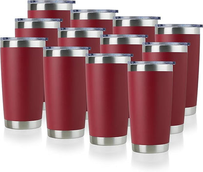 DOMICARE 20oz Stainless Steel Tumbler Bulk with Lid, Double Wall Vacuum Insulated Travel Mug, Powder Coated Coffee Cup (Powder Red, 12)