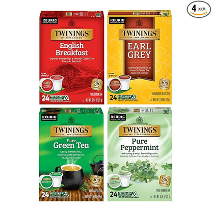Twinings 96 K-Cup Pods Variety Pack 24 Count (Pack of 4), English Breakfast, Earl Grey, Green, and Pure Peppermint Tea for Keurig and Single Cup Brewers, Enjoy Hot or Iced