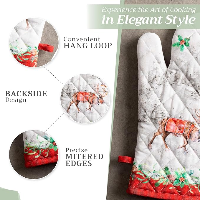 Maison d' Hermine 100% Cotton Oven Mitt & Pot Holder Set (7.5"x13" & 8"x8") Heat Resistant BBQ Cooking Gloves with Loop, Baking, Grilling, Kitchen, Handling Hot Pans (Christmas Tradition)