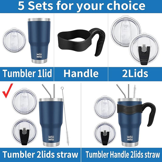 WETOWETO 30 oz Insulated Tumbler With 2 Lids and 2 Straws, Stainless Steel Double Vacuum Coffee Tumbler Cup, Powder Coated Travel Mug for Home, Office, Travel, Party (Black, 1 Pack)