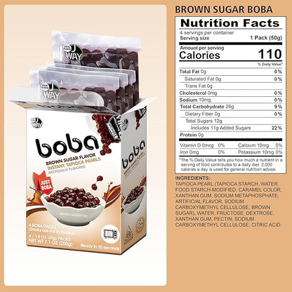 J WAY BOBA Authentic Instant Tapioca Boba Pearls for Milk Tea, Smoothies and Desserts, Brown Sugar Flavor (Ready in Just 20 Seconds) - 4 Servings