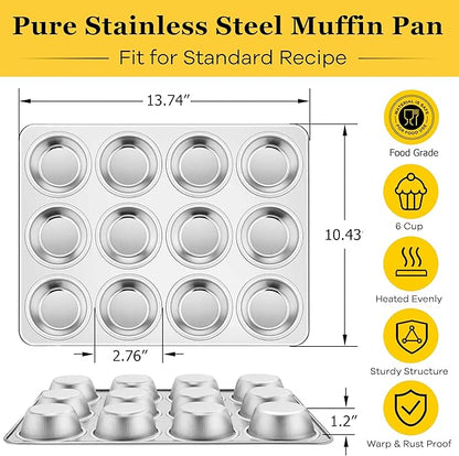 Homikit 2 Pack Muffin Pan, Stainless Steel Cupcake Tin with 12 Cups Regular Size, 13.8" x 10.4" Nonstick Metal Egg Bites Tray for Oven Baking, Non Toxic & Rust Free, Easy Release & Dishwasher Safe