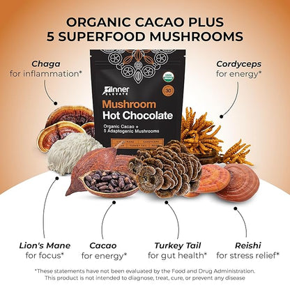 Inner Elevate Organic Mushroom Hot Chocolate - Ceremonial Cacao with 5 Adaptogenic Mushrooms - Great as a Coffee Alternative, Hot Chocolate, or Smoothie (30 Servings)