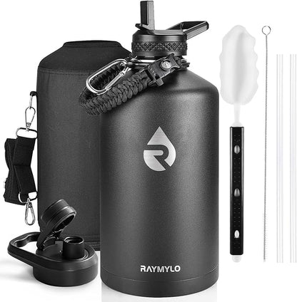One Gallon Water Bottle Insulated, Triple Walled Vacuum Stainless Steel (Cold for 48 Hrs), Leak Proof & Non-BPA, Large Water Flask Jug with Paracord Handle & Straw Spout Lids