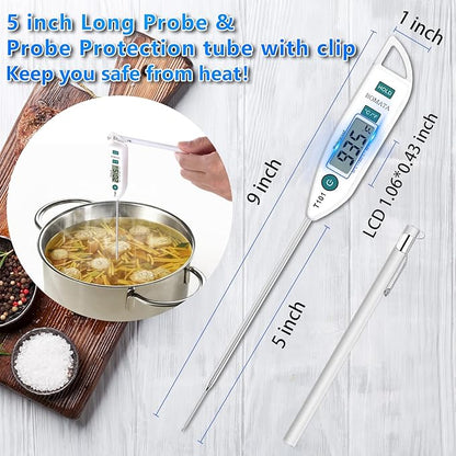 BOMATA Waterproof IPX7 Thermometer for Water, Liquid, Candle and Cooking. Instant Read Food Thermometer with Long Probe for Cooking, Meat, BBQ! T101 White