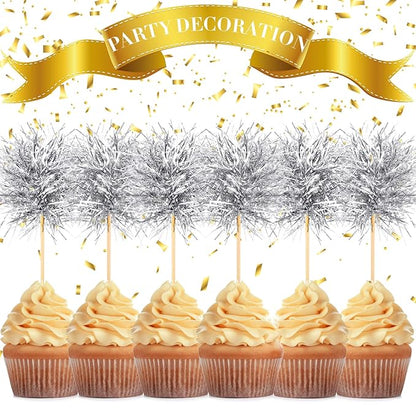 Chinco 100 Pcs Foil Firework Cupcake Toppers Sparkle Tinsel Cake Toppers Cake Decoration Cocktail Fruit Toothpick for Birthday Wedding Graduation Party(Silver)