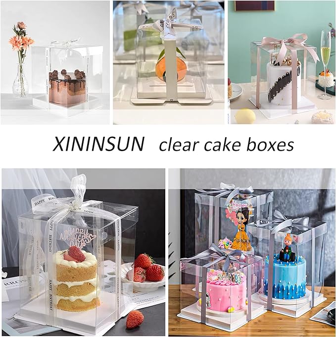 XININSUN 6Pcs clear cake boxes with Ribbon, 6inch cake boxes for Christmas Bakery Treat,Holiday Pastries,Gift Giving-White