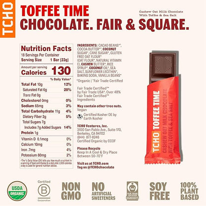 TCHO Toffee Time Chocolate Bars - 100% Plant-Based Organic Cashew Oat Milk Chocolate - Vegan, Soy-Free, Gluten-Free, Individually Wrapped Pure Cacao Bars - Sweet & Salty in Every Bite (18-Pack)