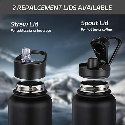 HASLE OUTFITTERS 32 oz Insulated Water Bottle Stainless Steel Double Walled Vacuum Sports Water Bottle with 2 Lids (Straw and Spout Lid) for Gym Camping Hiking(Black,8)