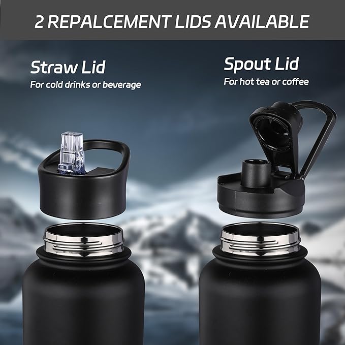 HASLE OUTFITTERS 40oz Stainless Steel Water Bottle, Vacuum Insulated Double Walled Leak Proof Sports Water Bottle with 2 Lids (Straw and Spout Lid) Thermo Mug Keep Cold and Hot(Black Gray Gradient,1)