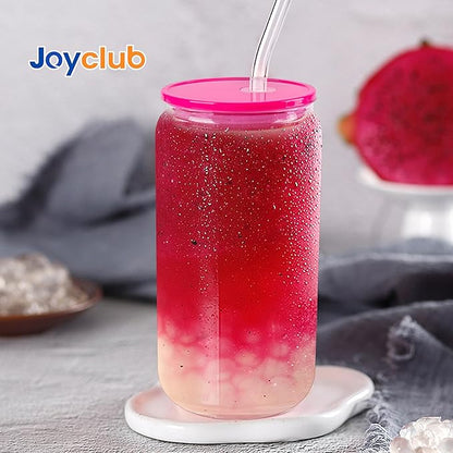 Joyclub 4pcs Glass Cups with Acrylic Lids and Straws 16 oz Can Shaped Glass Iced Coffee Cups with Lids and Straws, Cute Tumbler Cup Drinking Glasses for Smoothie Whiskey Boba Soda Tea Gift