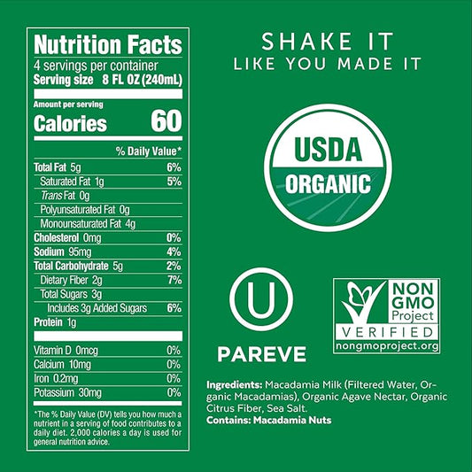 Milkadamia Macadamia Milk, Kosher, USDA Certified Organic, Gluten Free & Non-GMO, 32 Fluid Ounce (Pack of 6)